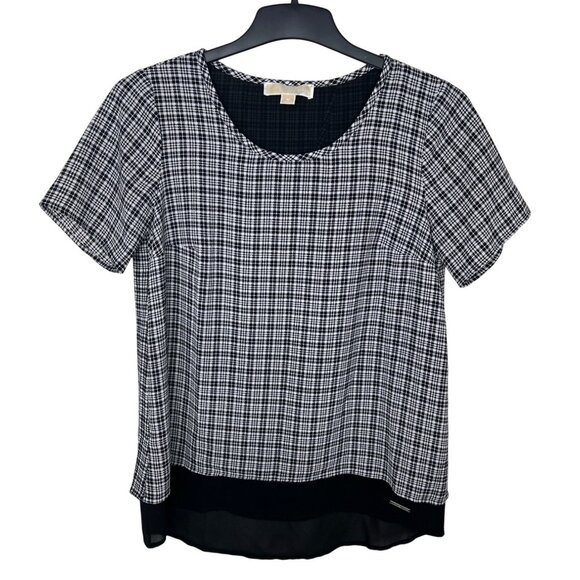 Michael Kors Womens Black & White Plaid Short Sleeve Top With Split Back Medium - Picture 7 of 14